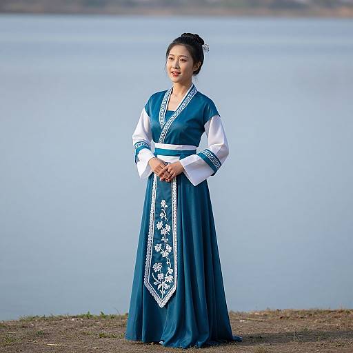 Photograph of an Asian woman in traditional blue and white Korean hanbok, standing by a calm lake with a blurred shoreline background. She smiles,