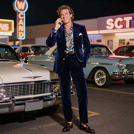 Photograph of a smiling man in a dark blue velvet suit, talking on a phone, standing by vintage cars outside a brightly lit S&J station