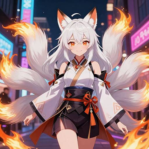 Digital anime artwork of a white-haired fox girl with orange eyes, nine glowing tails, and a black-white kimono, walking through a neon-lit