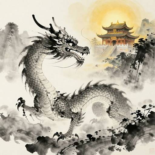 Digital illustration of a dynamic, black-scaled Chinese dragon with intricate scales, coiling amidst swirling black ink clouds, with a traditional Chinese temple in golden