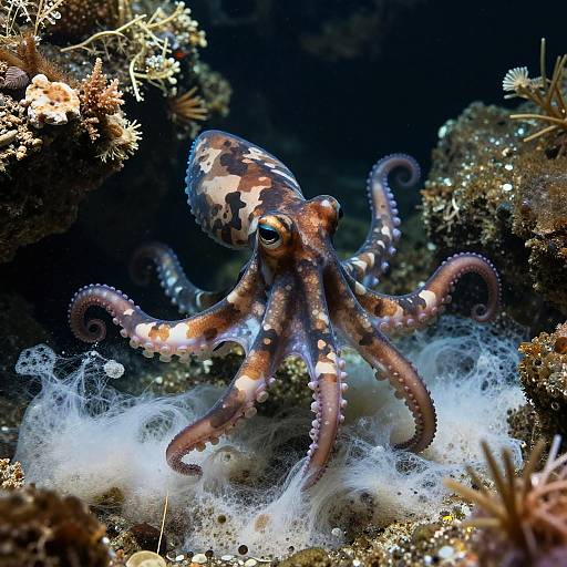 Photograph of a vibrant, brown-and-white spotted octopus with curled tentacles, surrounded by underwater coral and white, wispy sea sponges