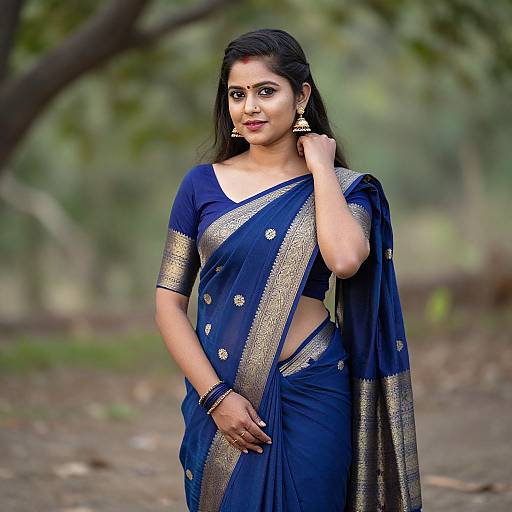 Woman Posing in Trendy Blue Pattu Saree