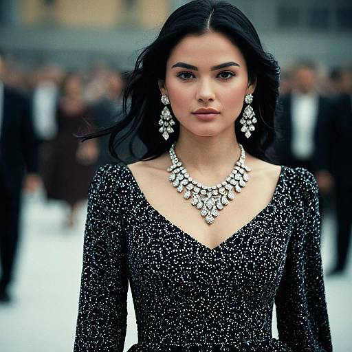 Elegant Woman in Black Frock with Diamond Jewelry