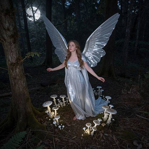 Photograph of a fair-skinned, long-haired woman in a shimmering silver dress with glowing wings, standing among luminescent mushrooms in a dark