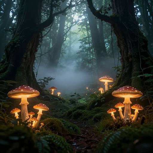 Photograph of a mystical forest at night, illuminated by glowing, red-spotted mushrooms, surrounded by mist and towering trees.