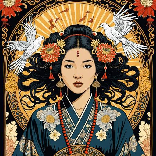 Oriental Woman with Japanese Accessories and Phoenixes