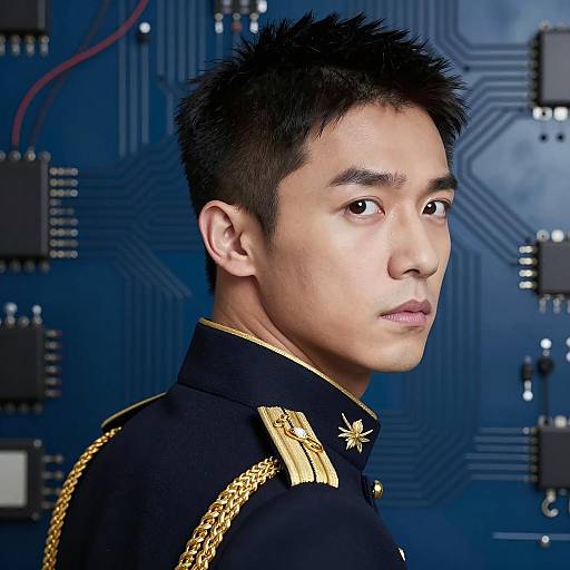 Serious Man in Military Uniform on Circuit Board