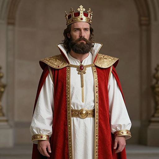 Photograph of a bearded king with dark hair, wearing a gold crown, red velvet robe, and white embroidered tunic, standing in a grand