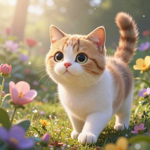 Photograph of a cute, orange-and-white kitten with wide blue eyes, walking through a sunlit, colorful flower garden, dewdrops on grass.