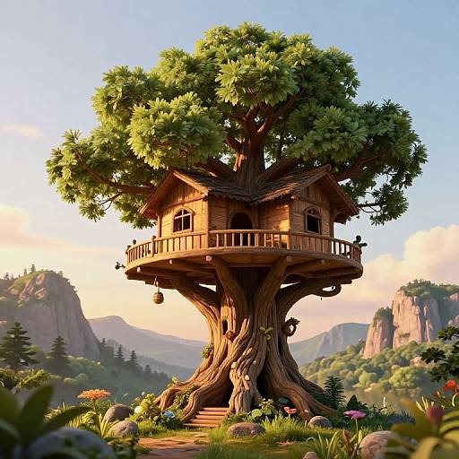 Fantasy CGI image of a wooden treehouse nestled in a giant, twisted tree with lush greenery and distant rocky mountains.