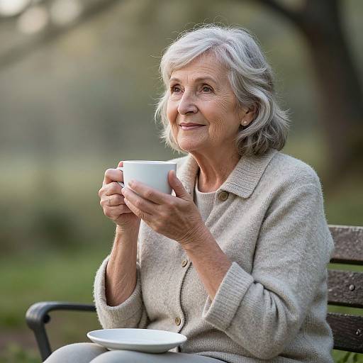 Photograph of an elderly woman with gray hair, wearing a beige cardigan, holding a white cup, sitting on a park bench.