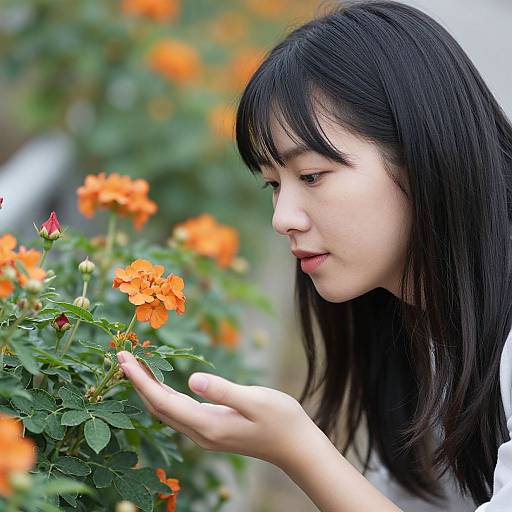 Woman Admiring Beautiful Flowers