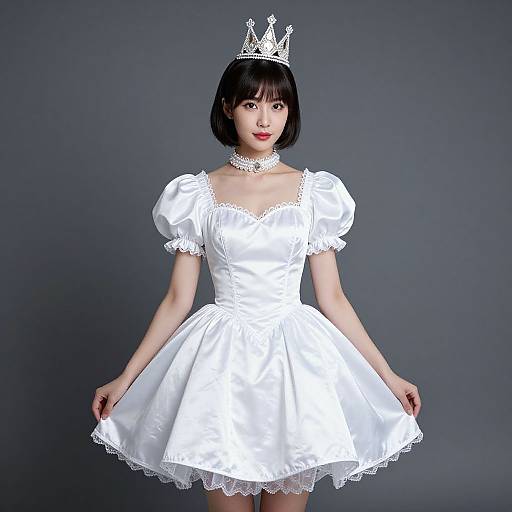 Asian woman in white, puffed-sleeve, lace-trimmed dress with silver tiara and choker, black bob haircut, standing against