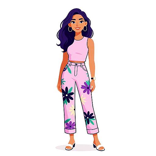 Digital illustration of a smiling woman with long black hair, wearing a pink crop top, high-waisted floral pants, white heels, and hoop earrings