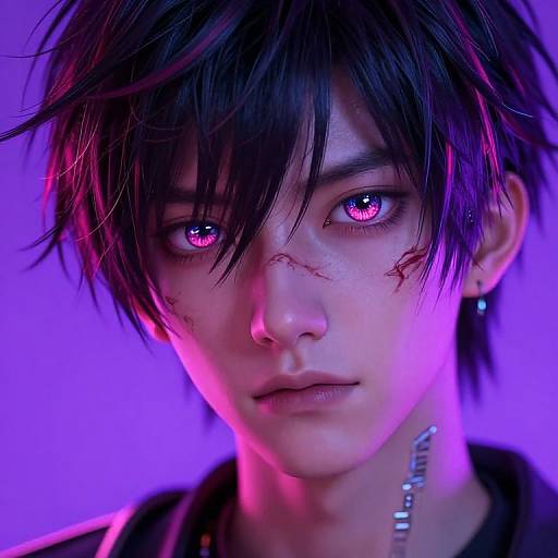Digital portrait of a androgynous person with black, messy hair, glowing purple eyes, visible scars, and a metallic choker, set against