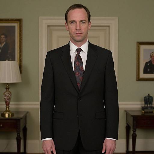 Photograph of a serious-looking man in a black suit, white shirt, and red-patterned tie, standing in a green-walled room with framed