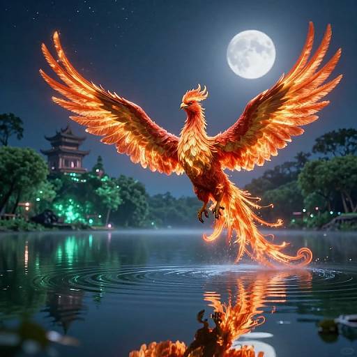 Digital art: Vibrant, fiery phoenix with outstretched wings soaring over a reflective moonlit lake, surrounded by trees and a pagoda.