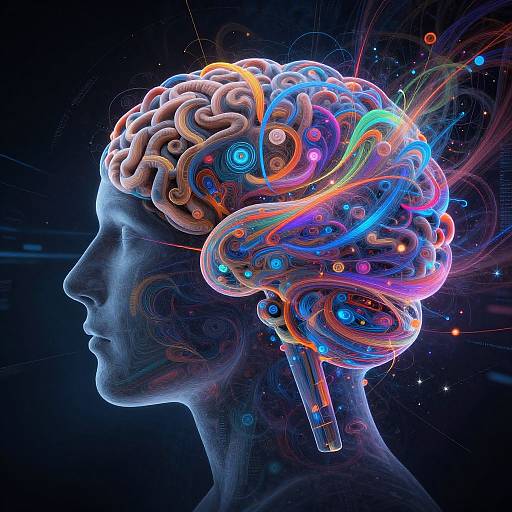 Digital artwork of a glowing, neon-colored, futuristic human head profile with intricate, colorful brain circuits and wires against a dark, starry background.