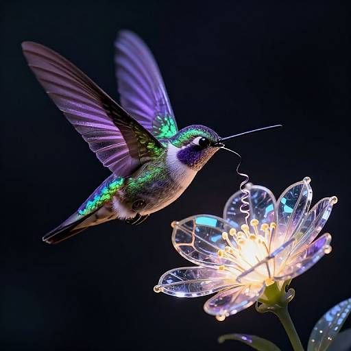 Photograph of a vibrant hummingbird with iridescent green and purple feathers hovering above a glowing, illuminated flower against a dark background.