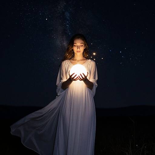 Photograph of a woman with long brown hair, wearing a flowing white dress, holding a glowing orb against a starry night sky.