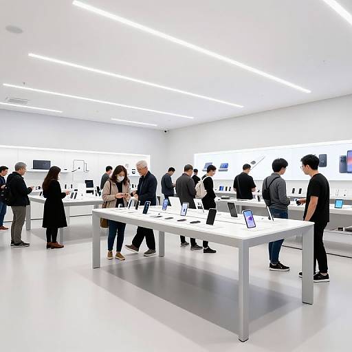 Photograph of a modern, brightly lit tech showroom with white walls and floor. Several people, mostly men, stand and sit around white tables with laptops