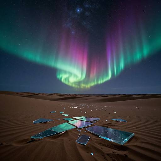 Photograph of vibrant Northern Lights over a dark, starry sky, illuminating a desert landscape with scattered, reflective glass panels on the sand.