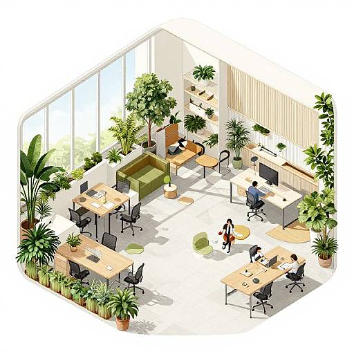 Isometric digital illustration of a bright, modern office with large windows, potted plants, and multiple desks with people working.