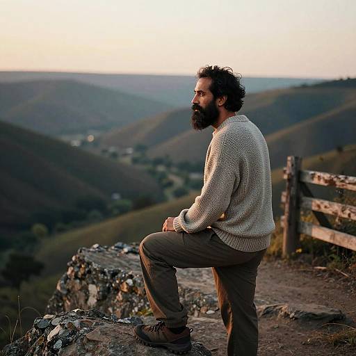 Photograph of a bearded man with curly hair, wearing a white knit sweater and brown pants, sitting on a rocky hillside, overlooking a vast