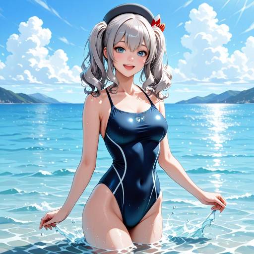 Cheerful Girl in Swimsuit by Ocean