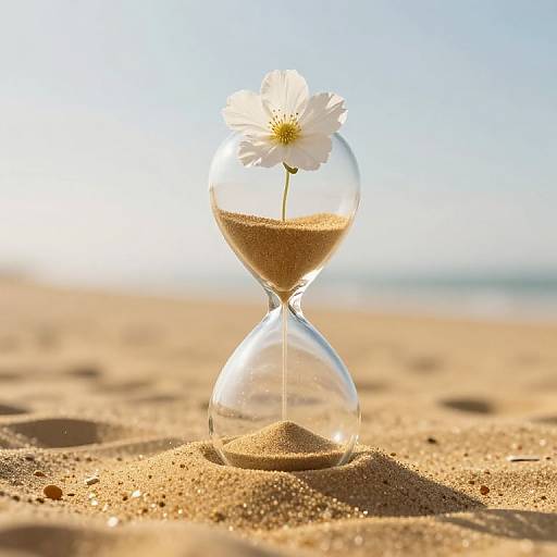 Photograph of a clear glass hourglass on sandy beach, with a single white daisy in top chamber, sunlight illuminating the scene.