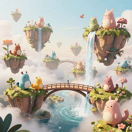 Whimsical digital artwork of floating islands with cute, chubby creatures, waterfalls, a bridge, and a lone figure amidst lush greenery.