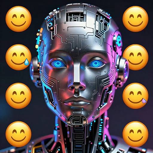 Digital artwork of a futuristic, metallic android with glowing blue eyes, neon circuitry, and eight yellow smiley faces in the background.