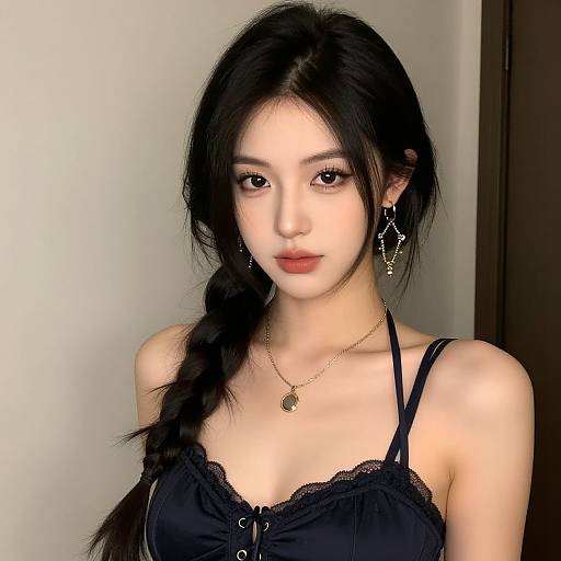 Photograph of an Asian woman with long black braided hair, wearing a black lace-trimmed camisole, gold necklace, and geometric earrings