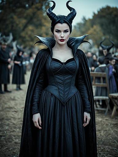 Photograph of a pale-skinned woman with dark hair, red lipstick, and black horns, wearing a gothic black dress and cape, standing in