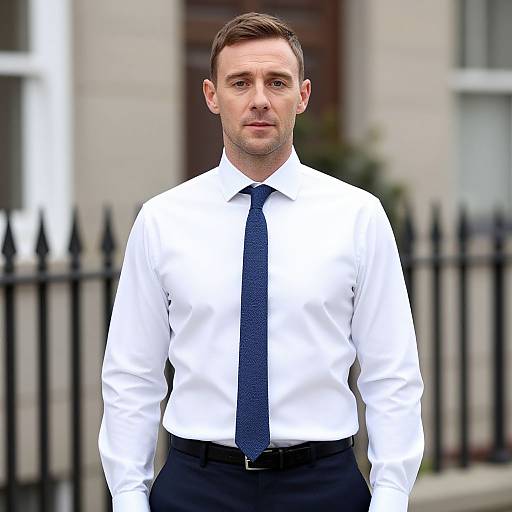 Photograph of a young Caucasian man with short brown hair, wearing a white dress shirt, dark blue tie, and black pants, standing in front of
