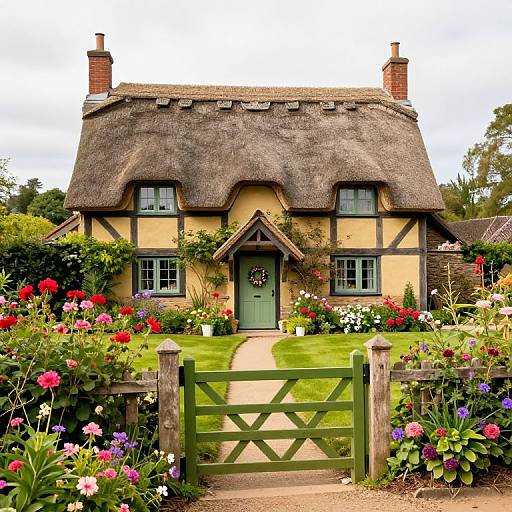 Colorful photograph of a quaint, traditional English thatched cottage with a green door, surrounded by vibrant flower garden and wooden gate.