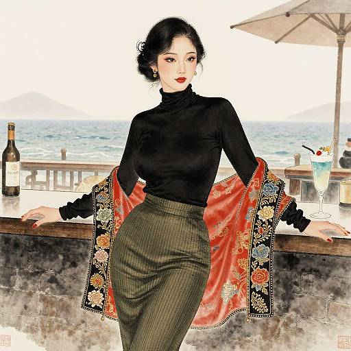 Elegant Asian Woman by Seaside Bar