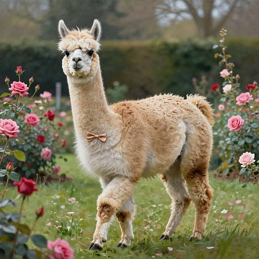 Photograph of a fluffy, beige alpaca with a bow on its neck, standing in a vibrant rose garden with pink and red roses.