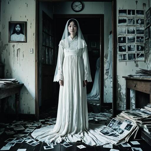 Woman in Vintage White Dress in Dark Room