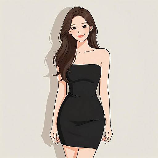 Digital illustration of a fair-skinned woman with long, dark brown hair, wearing a strapless, black, form-fitting dress, standing against a
