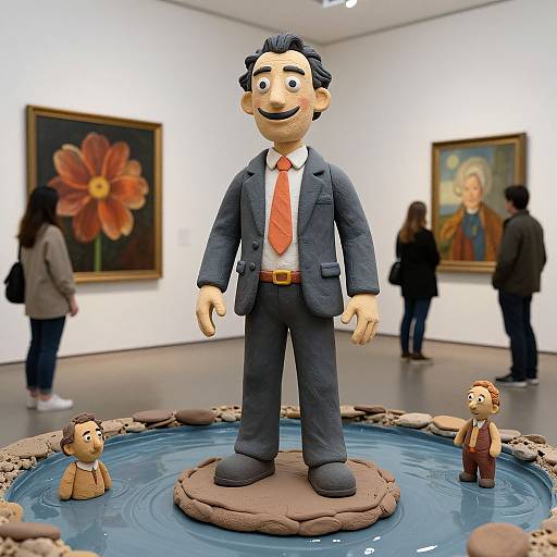 Photograph of a cartoon-style, life-sized figurine of a smiling man in a suit with red tie, standing on a rock in a water display