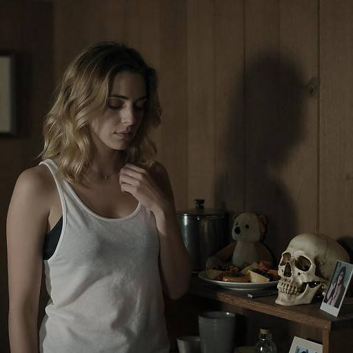 Somber Woman in Rustic Room with Skull and Memorabilia