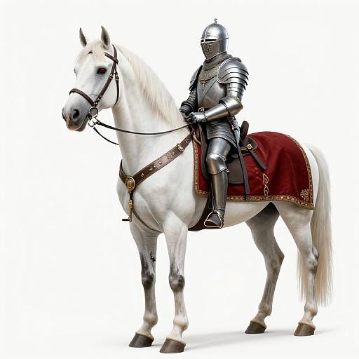 Digital illustration of a silver-armored knight on a white horse with a red, gold-trimmed saddle blanket, set against a white background.