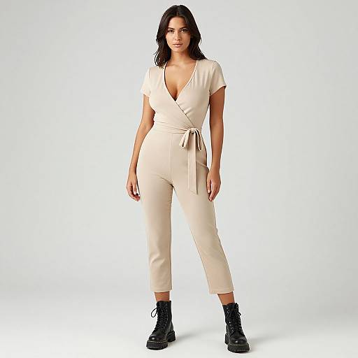 Woman in Beige Wrap Jumpsuit with Combat Boots