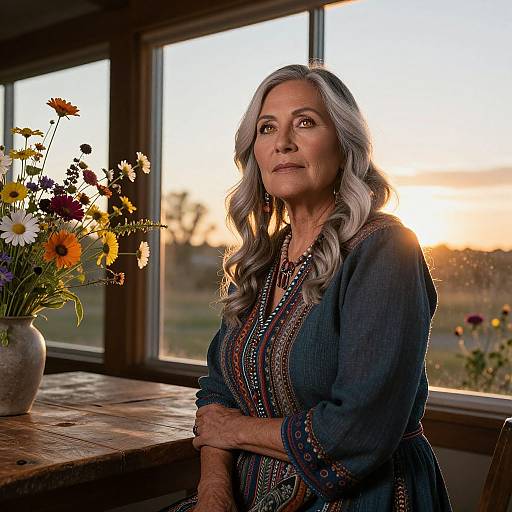 Photograph of a mature woman with wavy gray hair, wearing a dark blue embroidered dress, sitting by a sunlit window, with a vase of