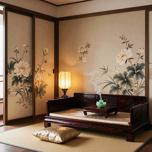 Traditional Japanese living room with dark wooden furniture, floral shoji screens, warm lamp, green teapot, and beige cushion on tatami mat.