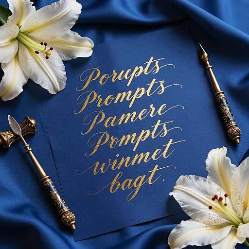 Photograph of a blue card with gold cursive text 