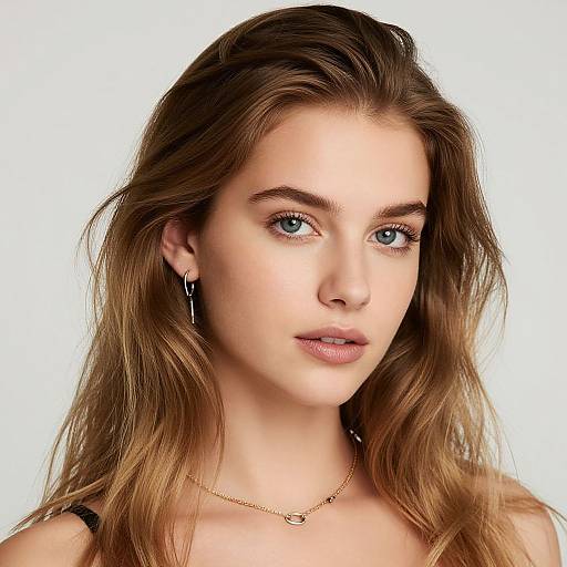 Photograph of a young woman with long, wavy brown hair, blue eyes, light skin, wearing black earrings and a gold necklace, against a