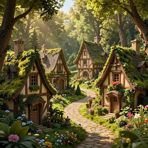 Enchanting digital painting of a sunlit, moss-covered fairy-tale village with quaint, timber-framed cottages, winding stone path, vibrant