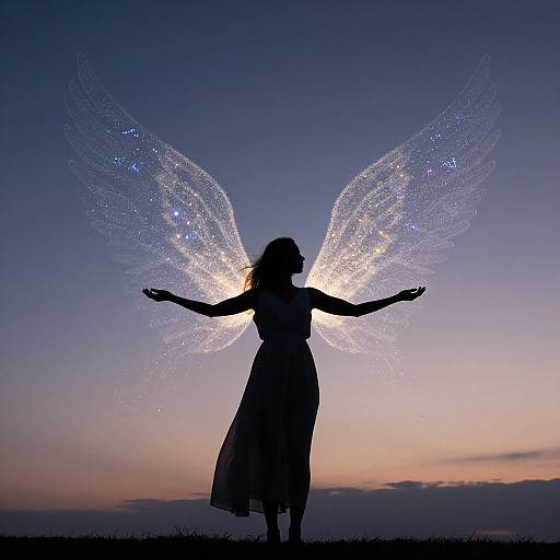 Silhouetted fairy with shimmering wings against a twilight sky, arms outstretched, wearing a flowing dress, standing on grass. Photograph.